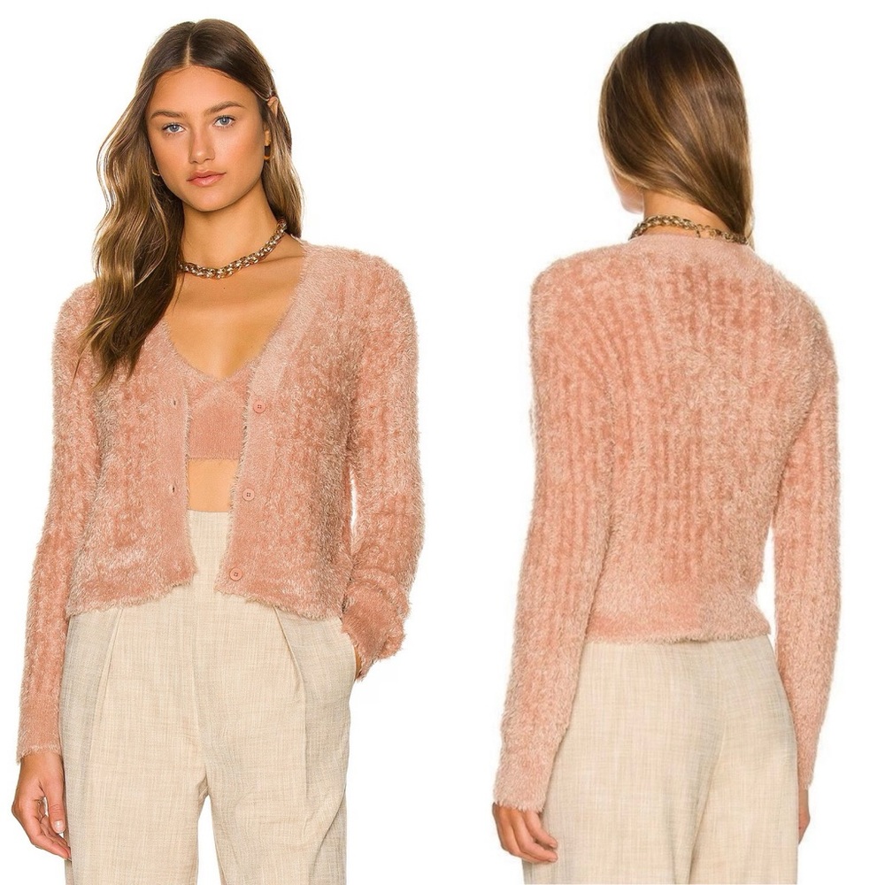 Jonathan Simkhai Maya feathered rib knit cropped cardigan sweater chai pink XS